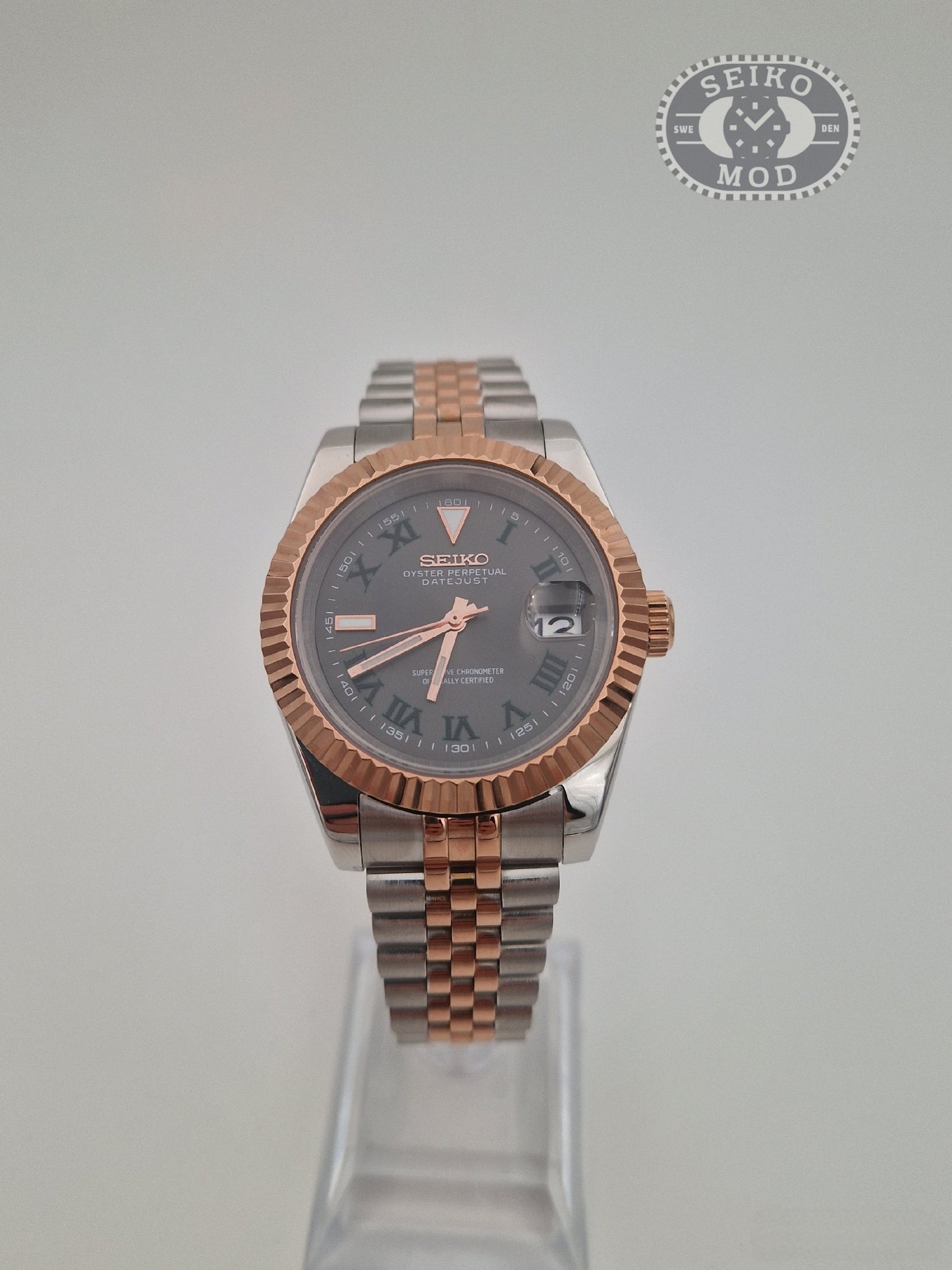 Datejust mod with Wimbledon Roman dial and two-tone bracelet