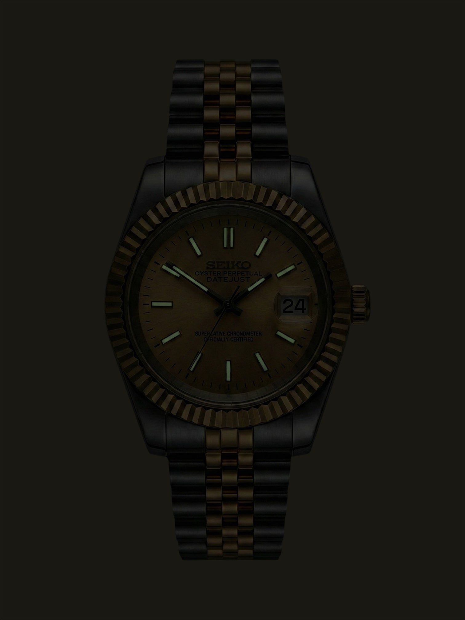 Champagne Datejust mod, Two tone full yellow gold Seiko mod lume