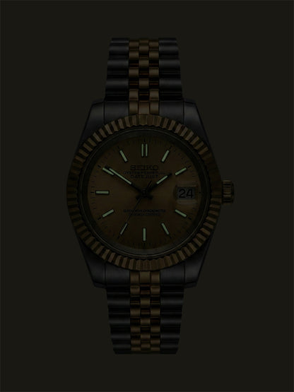 Champagne Datejust mod, Two tone full yellow gold Seiko mod lume
