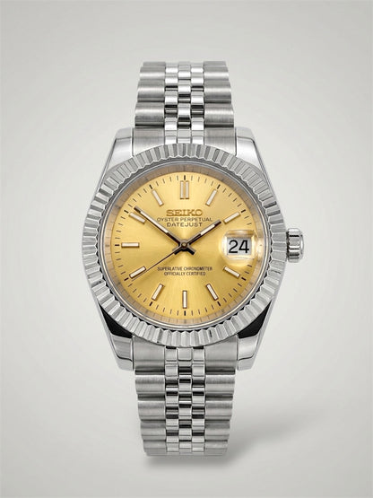 Champagne Datejust mod, silver jubilee gold dial Seiko mod