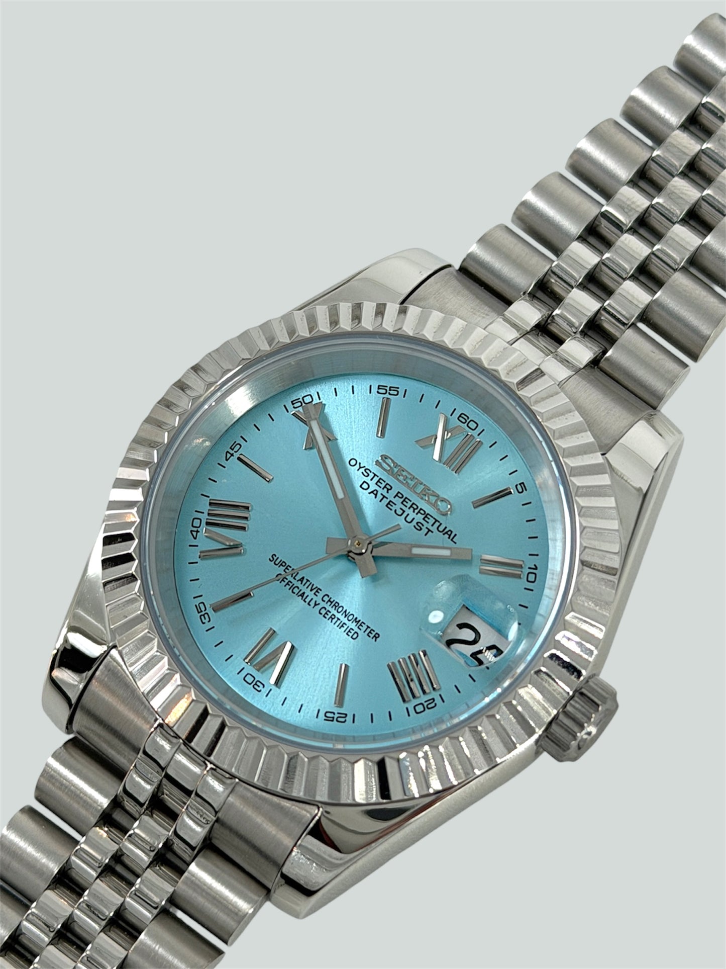 Ljusblå Romersk Datejust mod, Light blue roman Seikomod